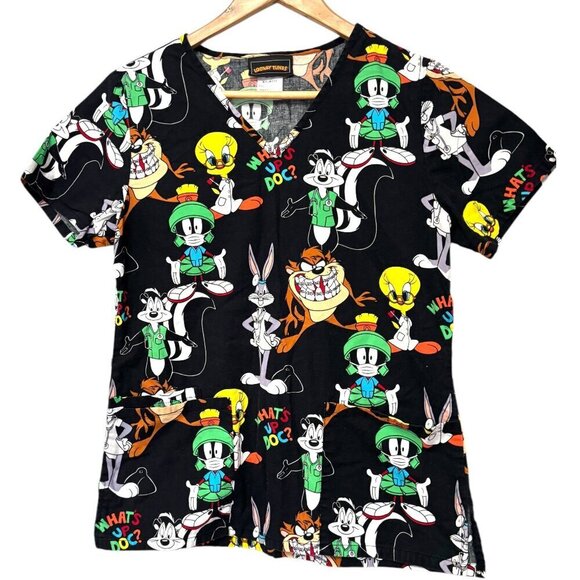 Looney Tunes Scrub Top Size XS Two Pocket Taz with Braces Tweety Sylvester - Picture 1 of 5